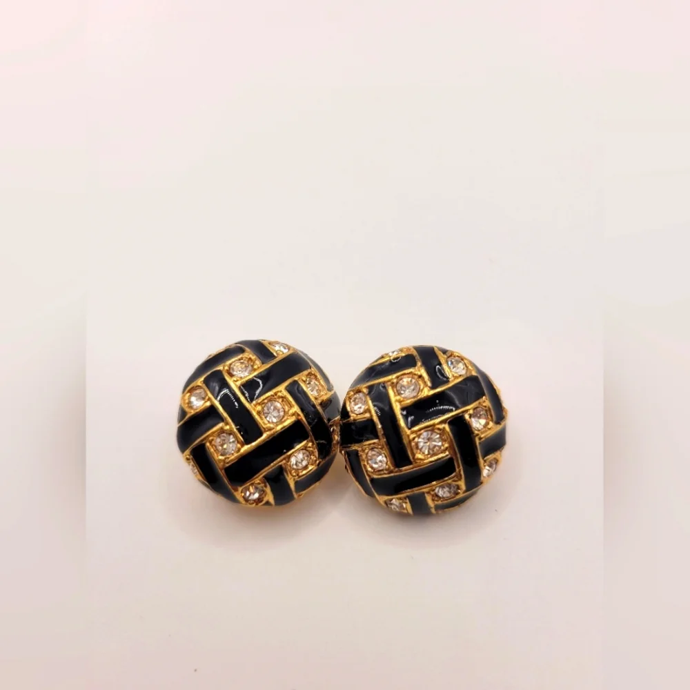 Roman Black Enamel Rhinestone Vintage Clip Earrings